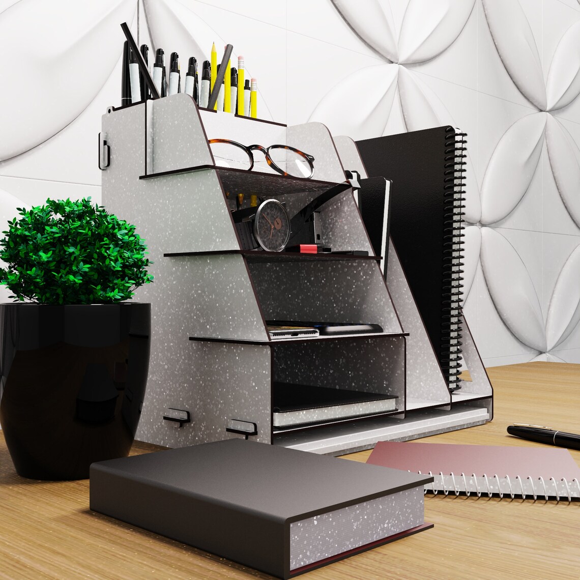 Wood Desktop Organizer A4 Tray With 7 Shelf Wooden Display Etsy