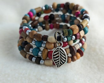 Memory Wrap Cuff Bracelet | Wood beads | Memory Wire Boho bracelet