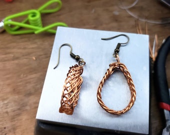 Copper, Silver or Gold Braided Hoops Drop Earrings Wire Wrap Jewelry