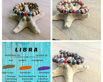 Libra Zodiac Bead Bracelets - 3 Polished Birthstone Beaded Bracelets -Real & Natural Gemstones, Jewelry for Men, Women, Teens, 6 / 8mm Beads