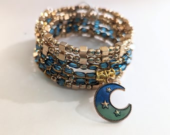 Memory Bracelet Gold & Blue | Memory Cuff Bracelet with Crescent Moon Charm