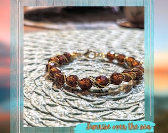 Root Beer Brown & Gold Wire Wrap Bracelet