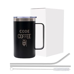 May include: Black stainless steel travel mug with a black lid and handle. The mug has the text "CODE COFFEE" and a graphic of an IV bag with a code on it. The mug is packaged in a white box with two stainless steel straws and a cleaning brush.