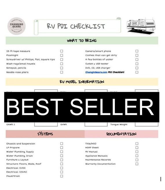 RV PDI Inspection Checklist Etsy UK