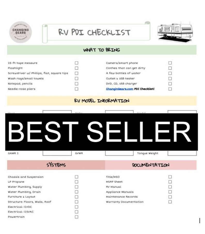RV PDI Inspection Checklist Etsy