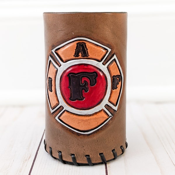 Firefighter Long Neck Bottle Leather Coozie | Hand Tooled Leather Gifts for Firefighter | Double Insulated Beer Bottle Coozie | Drink Cozie