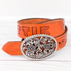 Brown &quot;Hottie&quot; Leather Belt with Trophy Buckle | Leather Hand Stamped Belt| Belts For Women | Cowgirl Western Style Belt | SALE
