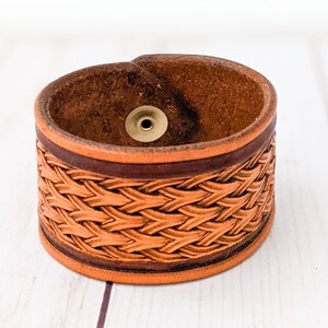 Basketweave Leather Cuff Bracelet | Stamped Geometric Pattern | Brown Bracelet | Bracelets for Men | Bracelets for Women | Leather Gifts