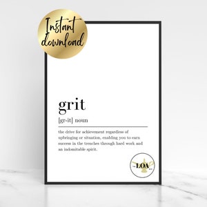 Grit Definition Print, Digital Download, Motivational Poster, Inspirational Wall Art, Home Office Prints, Law Of Attraction Art Print