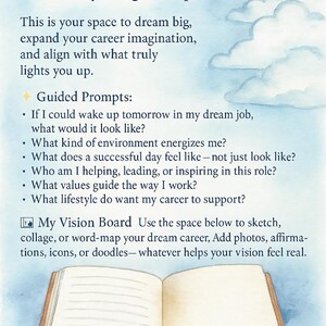 May include: A vision mapping guide with text that reads "Vision Mapping" and "If anything were possible..." The guide includes prompts for career planning and a space for a vision board, all set against a watercolor sky background.