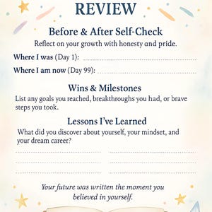 May include: A journal page with the text "90-DAY MANIFESTATION REVIEW" and prompts for self-reflection. The page includes sections for before and after self-check, wins, milestones, and lessons learned. An open book is at the bottom.