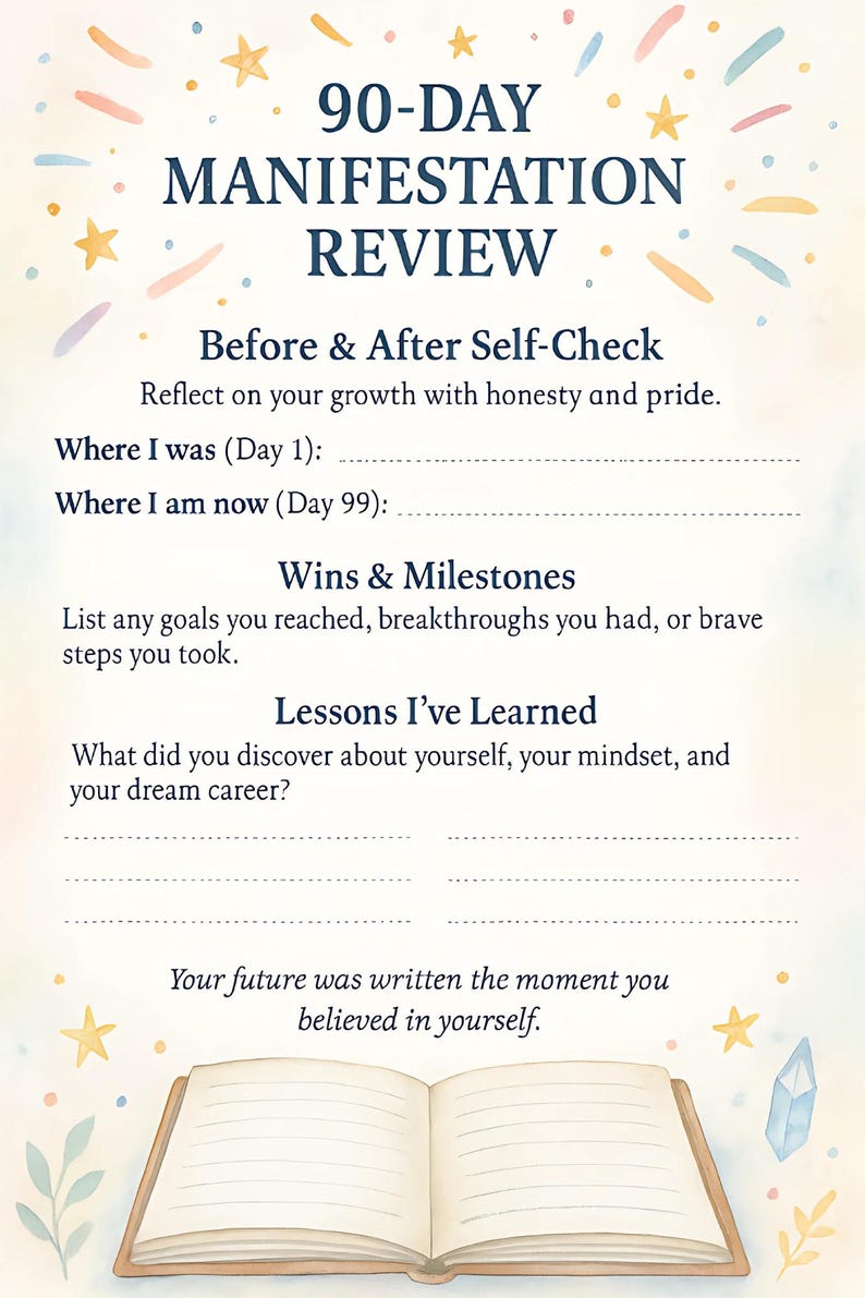 May include: A journal page with the text "90-DAY MANIFESTATION REVIEW" and prompts for self-reflection. The page includes sections for before and after self-check, wins, milestones, and lessons learned. An open book is at the bottom.