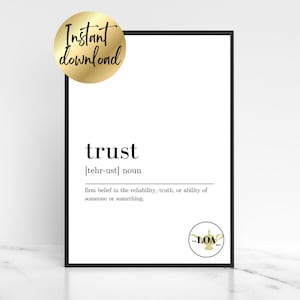 May include: Black and white printable wall art with the definition of the word "trust" in a minimalist style. The definition is "firm belief in the reliability, truth, or ability of someone or something."