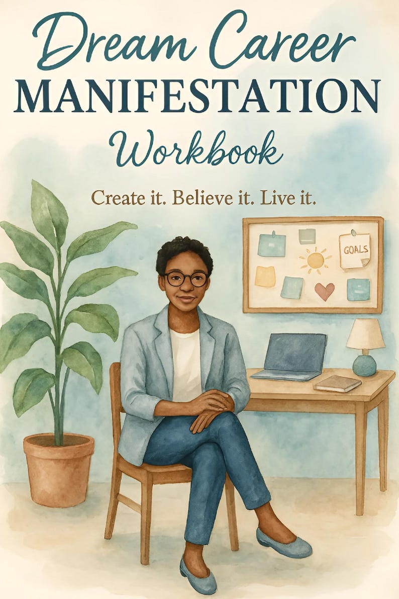 May include: Watercolor illustration of a woman sitting in a chair with a desk and plant. The image has text that reads "Dream Career Manifestation Workbook" and "Create it. Believe it. Live it."