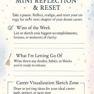 May include: A watercolor-style journal page with the text "MINI REFLECTION & RESET." It includes prompts for self-reflection, such as listing weekly wins and career visualization. The design features celestial elements and a soft color palette.