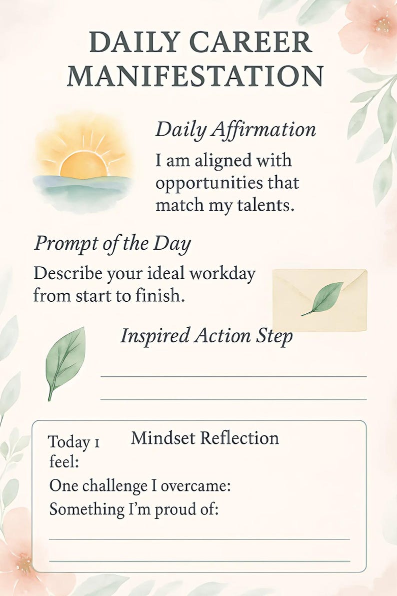 May include: A Daily Career Manifestation journal page with watercolor illustrations. The page includes prompts for daily affirmations, reflection, and action steps. Text includes "Daily Affirmation", "Prompt of the Day", and "Mindset Reflection".