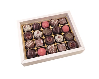 Assorted chocolates in a white box