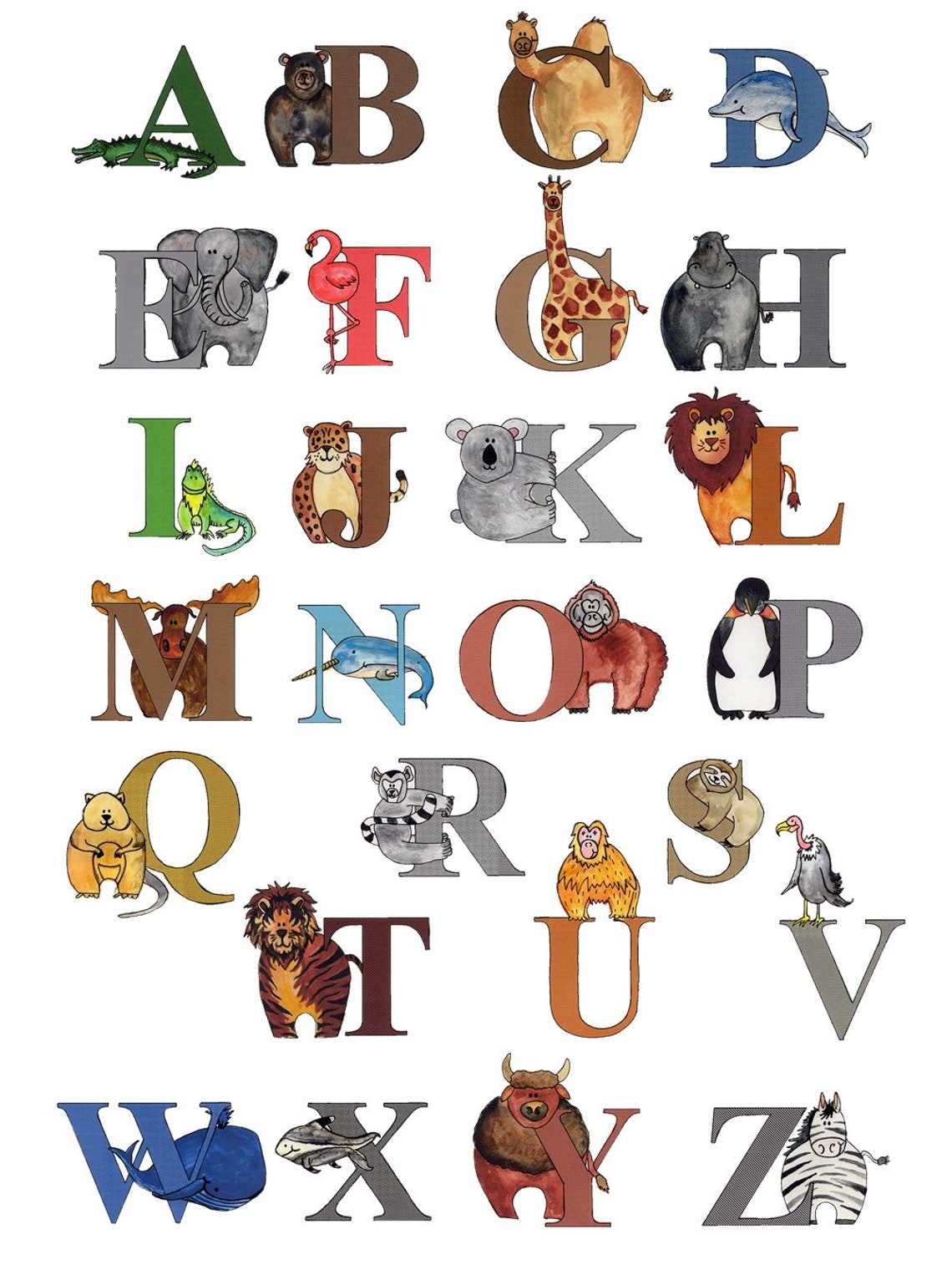 Animal AZ Alphabet Watercolour Print Nursery Wall Art Wild Etsy