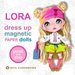 A4 PDF 印刷可能なマグネット紙人形。ドレスアップ人形 LORA