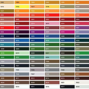 Peut inclure: Un nuancier de 100 couleurs de peinture différentes, numérotées de 1000 à 9018. Les couleurs vont du beige clair au noir foncé.