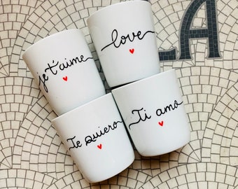 Lot de 4 tasses expresso « je t’aime » ou à personnaliser