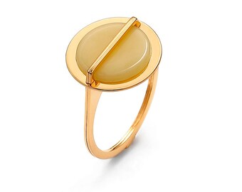 Anillo de ámbar, plata de ley bañada en oro, ámbar lechoso, plata de ley bañada en oro