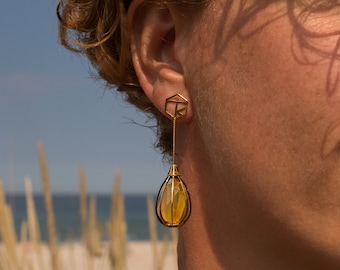 Pendientes de ámbar, joyas de ámbar extravagantes, plata de ley bañada en oro, ámbar claro y transparente.