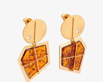 Pendientes de ámbar, plata de ley bañada en oro, ámbar en color coñac