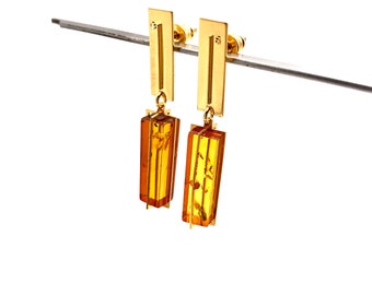 Pendientes de ámbar, plata de ley bañada en oro, minimalistas, ámbar en color coñac