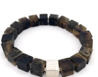 Pulsera de ámbar, pulsera de cubo, ámbar negro (sin pulir), cubo de plata de ley