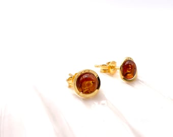 Pendientes de ámbar, plata de ley bañada en oro, ámbar en color coñac.