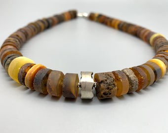 Collar de ámbar natural con plata, ámbar natural sin pulir, plata de ley