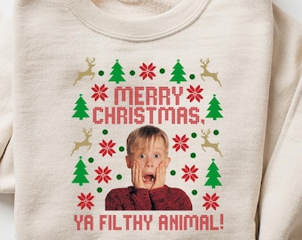 Merry Christmas Ya Filthy Animal Sweatshirt, Home Alone Christmas Tee, Funny Christmas Shirt, Christmas Gift, Holly Jolly Christmas Crewneck