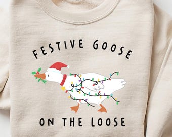 Festive Goose on the Loose Christmas Funny Goose Holiday Tee Cute Xmas Duck Graphic Top, Silly Goose Gift For Her Funny Christmas Goose Gift