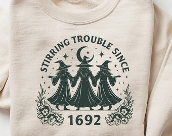Retro Halloween Witch Sweatshirt, Stirring Trouble Since 1692, Witchcore Sweatshirt Women, Vintage Halloween Hoodie, Spooky Autumn Outfit