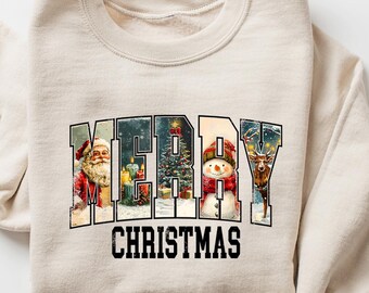 Retro Merry Christmas Sweatshirt, Womens Christmas Shirt, Festive Holiday Shirt, Cute Christmas Gift, Christmas Shirt, Santa Merry Christmas