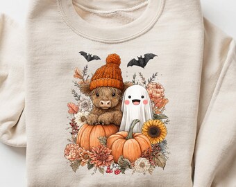 Cute Fall Highland Cow Ghost T-shirt, Halloween Spooky Season T-shirt, Autumn Cow T-shirt, Cow Ghost T-shirt, Florall Fall Pumpkin T-shirt