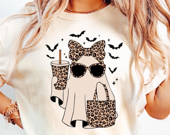 Boo-Jee Ghost Shirt Leopard Ghost Tee Ghost Coffee Shirt Funny Fall Shirt Ghost Tee Girly Halloween Gift Boojee Shirt, Woman Halloween tee