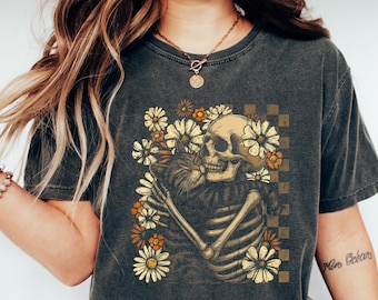 Skeleton Hugging Cat Floral Halloween Comfort Shirt, Cute Spooky Skeleton Cat Shirt, Cat Mom Gift, Halloween Gift, Halloween Floral Cat