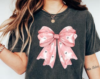Pink Ghost Bow Coquette Shirt, Halloween Coquette Bow Sweatshirt, Halloween Shirt, Spooky Season Tee, Girly Halloween Shirt, Halloween Women