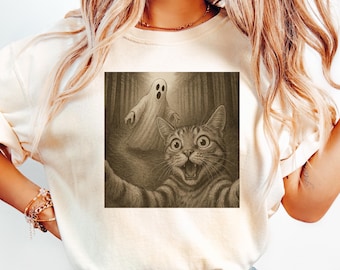 Halloween Ghost Cat Selfie Shirt, Cat and Ghost Shirt, Cute Cat Lovers Shirt, Ghost Halloween Gift, Halloween Cat Tee, Spooky Season Gift