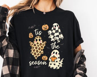 Tis The Season Fall Shirt, Pumpkin Lover Gift, Retro Ghost T-shirt, Women's Halloween Tee