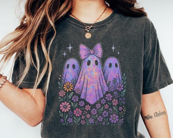 Cute Pink Ghosts Halloween T-Shirt,Retro Ghost Shirt,Vintage Floral Ghost Halloween Shirt, Flower Halloween Shirt,Pink Ghost Shirt