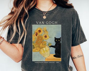 Van Gogh Cat Comfort Shirt, Van Gogh Irises Cat Tshirt, Black Cat tee, Funny Cat shirt, Ladies Shirts, Funny Gift Idea