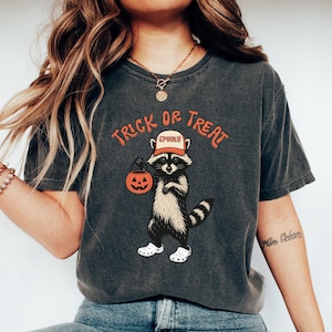 May include: Dark gray t-shirt with the text "Trick or Treat" and a raccoon graphic wearing a hat that says "Spooky" and holding a jack-o'-lantern. The raccoon is wearing white clogs. The shirt is paired with blue jeans.