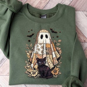 Coquette Ghost Black Cat Sweatshirt, Ghost Cat Halloween Hoodie, Halloween Gift for Cat Owners, Halloween Cat Tee, Black Cat Outfit,