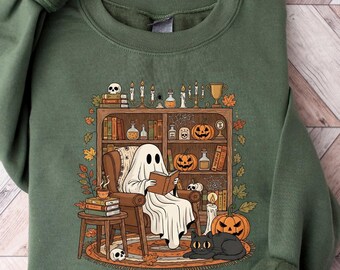Cute Ghost Reading Books Sweatshirt, Books Lover Halloween Gift, Cute Little Ghost Shirt, Spooky Season, Bookish Ghost, Ghost Coffee Shirt