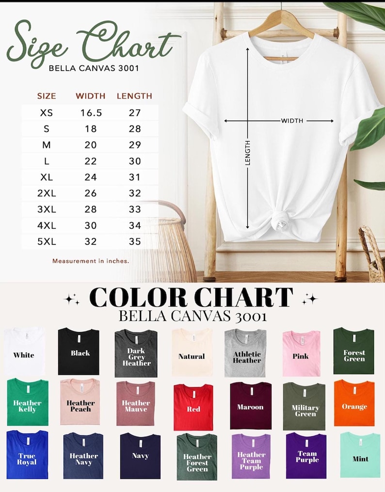 Puede incluir: Una camiseta blanca en una percha de madera, con una tabla de tallas y una carta de colores. La tabla de tallas muestra medidas en pulgadas para las tallas XS a 5XL. La carta de colores muestra varios colores de camisetas, incluyendo blanco, negro y rosa.
