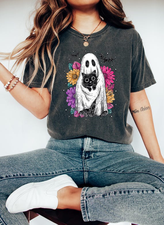 Halloween Cat Ghost Shirt Comfort Cute Ghost Shirt Cat Mama Halloween Shirt Black Cat Tee Halloween Ghost Spooky Shirt Halloween Gift