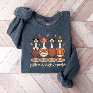 Pu&ograve; includere: Una felpa blu navy con un motivo a tema Ringraziamento. Il design presenta quattro oche dei cartoni animati con cappelli e abiti autunnali, con il testo "just a thankful goose" in un carattere corsivo. Le oche sono in fila.